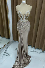 Sexy Column Strapless Sleeveless Ruffled Satin High Slit Prom Dress