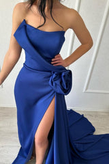 Sexy Simple Long Royal Blue Strapless Satin Prom Dress with Side Slit