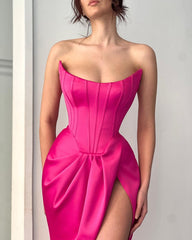 Simple Long Fuchsia Satin Dress With Sexy Sleeveless Design And High Slit For Prom