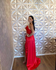 Simple Long Red A-line Satin Sleeveless Floor-Length Prom Dress with Slit