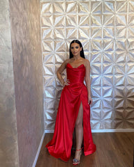 Simple Long Red A-line Satin Sleeveless Floor-Length Prom Dress with Slit
