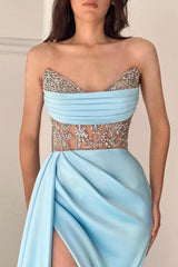 Elegant Long Sky Blue Floor-Length Split Front Strapless Sleeveless Stain Prom Dresses with Ruffles