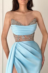 Elegant Long Sky Blue Floor-Length Split Front Strapless Sleeveless Stain Prom Dresses with Ruffles