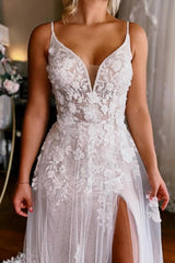 Sexy A-Line Sleeveless V-neck Straps Split Court Train Wedding Dress