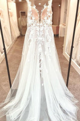 Beautiful Long A-Line Tulle Sleeveless Spaghetti Straps Split Front Wedding Dresses with Appliques