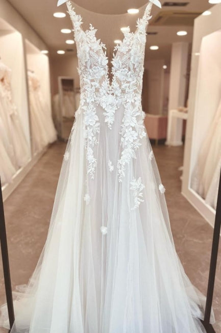 Beautiful Long A-Line Tulle Sleeveless Spaghetti Straps Split Front Wedding Dresses with Appliques