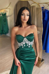 Elegant Long Dark Green Stain A-Line Sweetheart Split Front Sleeveless Prom Dresses with Beads