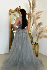 Glamorous Long V-Neck A-Line Spaghetti Straps Floor-Length Split Front Tulle Sleeveless Prom Dress with Beads