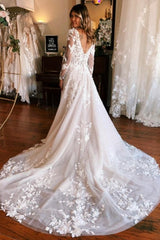 Glamorous A-Line Square Neck Long Sleeves Lace Wedding Dress