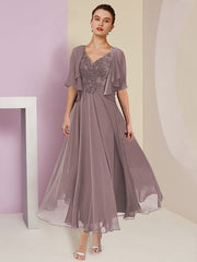 Elegant V-Neck A-Line Princess Tea-Length Dresses for the Mother of the Bride