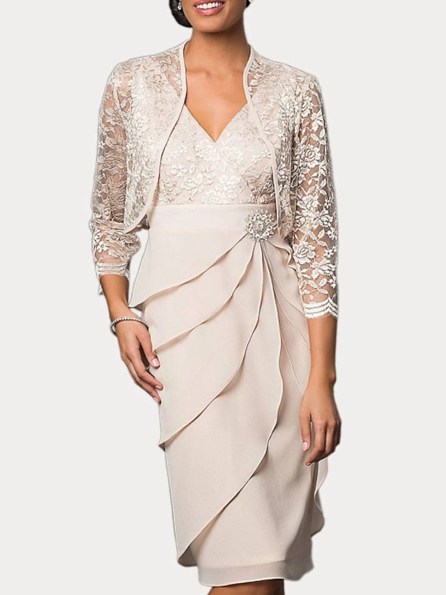 Knee-Length V-Neck Sheath Mother of the Bride Column Dresses