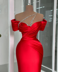 Vintage Column Off-the-shoulder Short Sleeve Beaded Satin Prom Dress