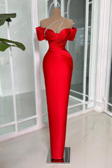 Vintage Column Off-the-shoulder Short Sleeve Beaded Satin Prom Dress