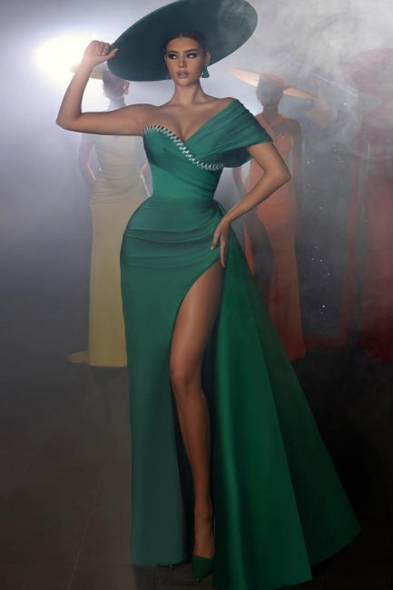 Vintage Long Green Mermaid One Shoulder Beaded Prom Dress with High Slit