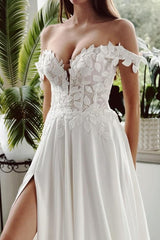 Vintage Long White A-Line Off-the-Shoulder Wedding Gown with Beautiful Slit