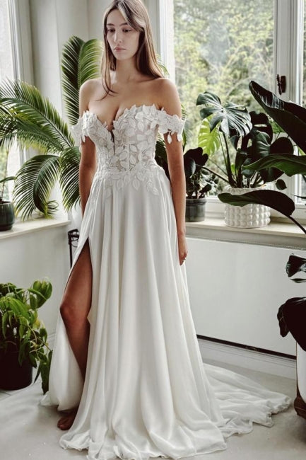 Vintage Long White A-Line Off-the-Shoulder Wedding Gown with Beautiful Slit