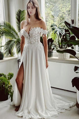 Vintage Long White A-Line Off-the-Shoulder Wedding Gown with Beautiful Slit