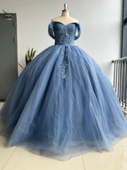 Navy Blue Sweet 16 Ball Gown Off-Shoulder Beaded Tulle Quinceanera Dress with Lace-Up Back for Birthday & Formal Events