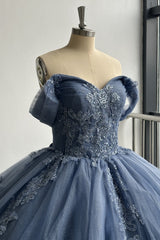 Navy Blue Off-Shoulder Ball Gown Pleated Tulle Quinceanera Dress with Lace-Up Back & Applique Details for Sweet 16 & Birthday Parties