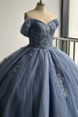 Navy Blue Off-Shoulder Ball Gown Pleated Tulle Quinceanera Dress with Lace-Up Back & Applique Details for Sweet 16 & Birthday Parties