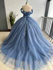 Navy Blue Sweet 16 Ball Gown Off-Shoulder Beaded Tulle Quinceanera Dress with Lace-Up Back for Birthday & Formal Events