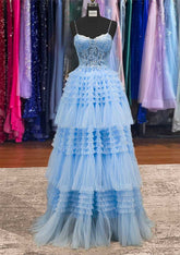 A-Line Bateau Sleeveless Prom Dress/Evening Dress with Appliqued Beading Ruffles and Tulle Long/Floor-Length Skirt