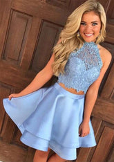 A-Line Halter Sleeveless Mini Satin Homecoming Dress with Ruffles