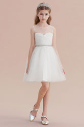 A-Line Illusion Knee Length Tulle Flower Girl Dress Online