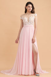 A-Line Jewel Chiffon Lace Ruffles Bridesmaid Dress with Slit