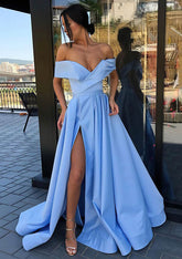 A-Line Off-the-Shoulder Cap Straps Sweep Train Satin Prom Dress/Evening Dress With Pleated Split