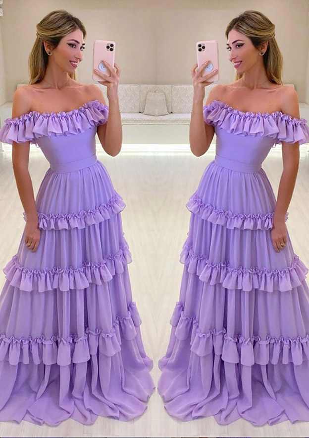 A-Line Off-the-Shoulder Chiffon Long Prom Dress/Evening Dress With Ruffles