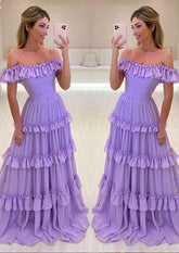 A-Line Off-the-Shoulder Chiffon Long Prom Dress/Evening Dress With Ruffles