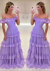A-Line Off-the-Shoulder Chiffon Long Prom Dress/Evening Dress With Ruffles