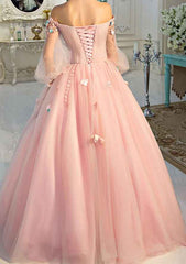 A-Line Off The Shoulder Long Sleeve Tulle Prom Dress/Evening Dress with Pleated Detail
