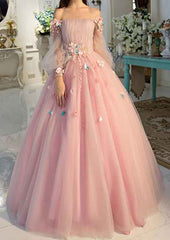 A-Line Off The Shoulder Long Sleeve Tulle Prom Dress/Evening Dress with Pleated Detail