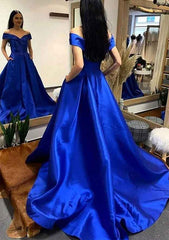A-Line Off-the-Shoulder Satin Prom Dress/Evening Dress With Pleated Pockets