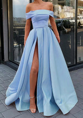 A-Line Off-the-Shoulder Satin Prom Dress/Evening Dress with Split and Floor-Length Style