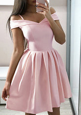 A-Line Off-the-Shoulder Satin Sleeveless Homecoming Dress With Ruffles