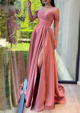 A-Line Off-the-Shoulder Sleeveless Charmeuse Prom Dress/Evening Dress with Pleated Split and Sweep Train