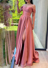 A-Line Off-the-Shoulder Sleeveless Charmeuse Prom Dress/Evening Dress with Pleated Split and Sweep Train