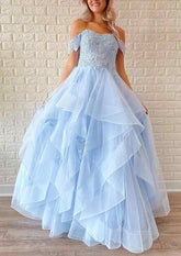 A-Line Off-the-Shoulder Tulle Prom Dress/Evening Dress With Appliqued Beading Ruffles and Sequins