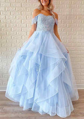A-Line Off-the-Shoulder Tulle Prom Dress/Evening Dress With Appliqued Beading Ruffles and Sequins