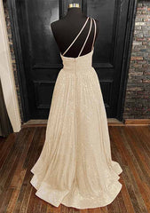 A-Line One-Shoulder Sleeveless Long/Floor-Length Sequined Prom Dress/Evening Dress With Pockets