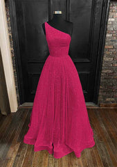 A-Line One-Shoulder Sleeveless Long/Floor-Length Sequined Prom Dress/Evening Dress With Pockets