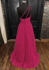 A-Line One-Shoulder Sleeveless Long/Floor-Length Sequined Prom Dress/Evening Dress With Pockets