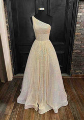 A-Line One-Shoulder Sleeveless Long/Floor-Length Sequined Prom Dress/Evening Dress With Pockets
