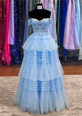 A-Line Princess Off-the-Shoulder Tulle Prom Dress/Evening Dress with Appliqued Beading Ruffles