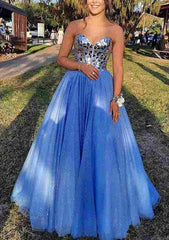A-Line Princess Sweetheart Sleeveless Floor-Length Tulle Prom Dress/Evening Dress with Sequins Glitter