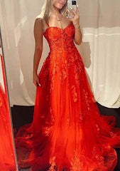 A-Line Princess Sweetheart Sleeveless Tulle Prom Dress/Evening Dress With Appliqued Sweep Train