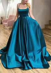 A-Line Satin Prom Dress/Evening Dress with Pleated Pockets and Spaghetti Straps - Ball Gown Square Neckline Sweep Train
